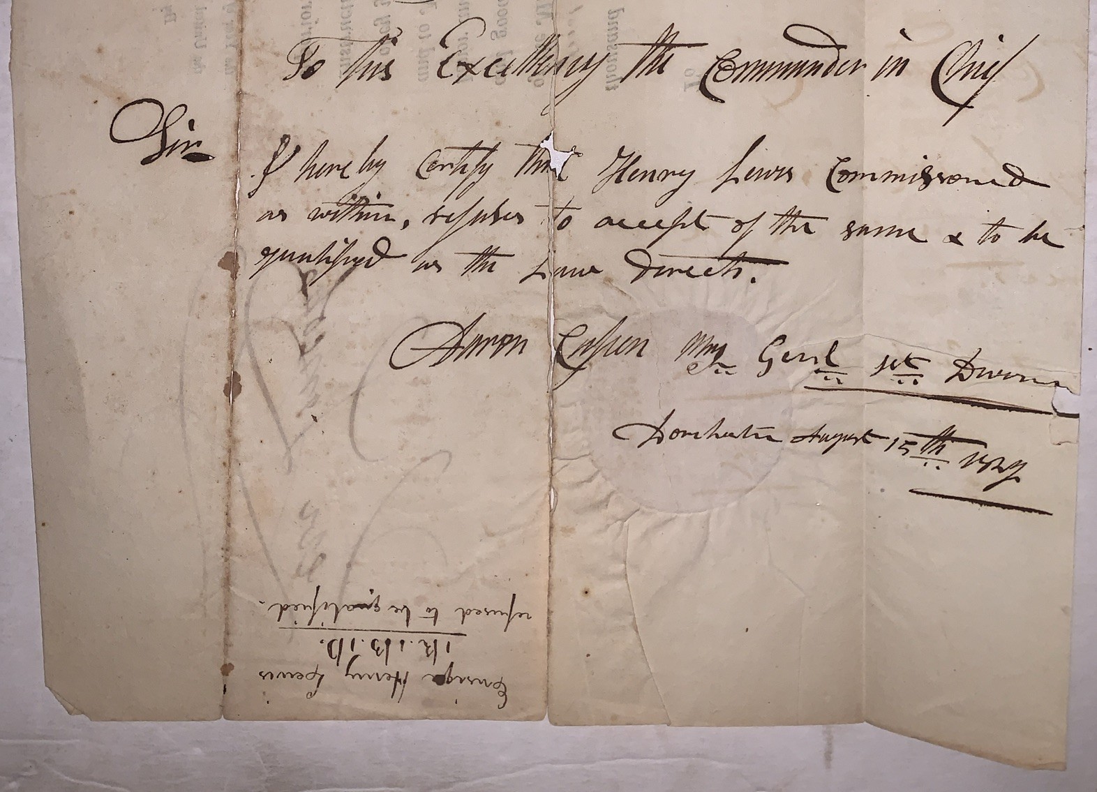 1828, SIGNED by LEVI LINCOLN, JR, MASSACHUSETTS MILITIA COMMISSION, w STATE SEAL