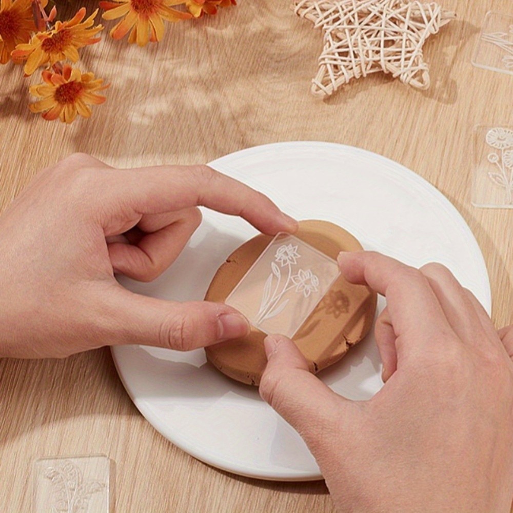 1set Acrylic Clay Seal Modeling Tools Rectangle with Flower Pattern