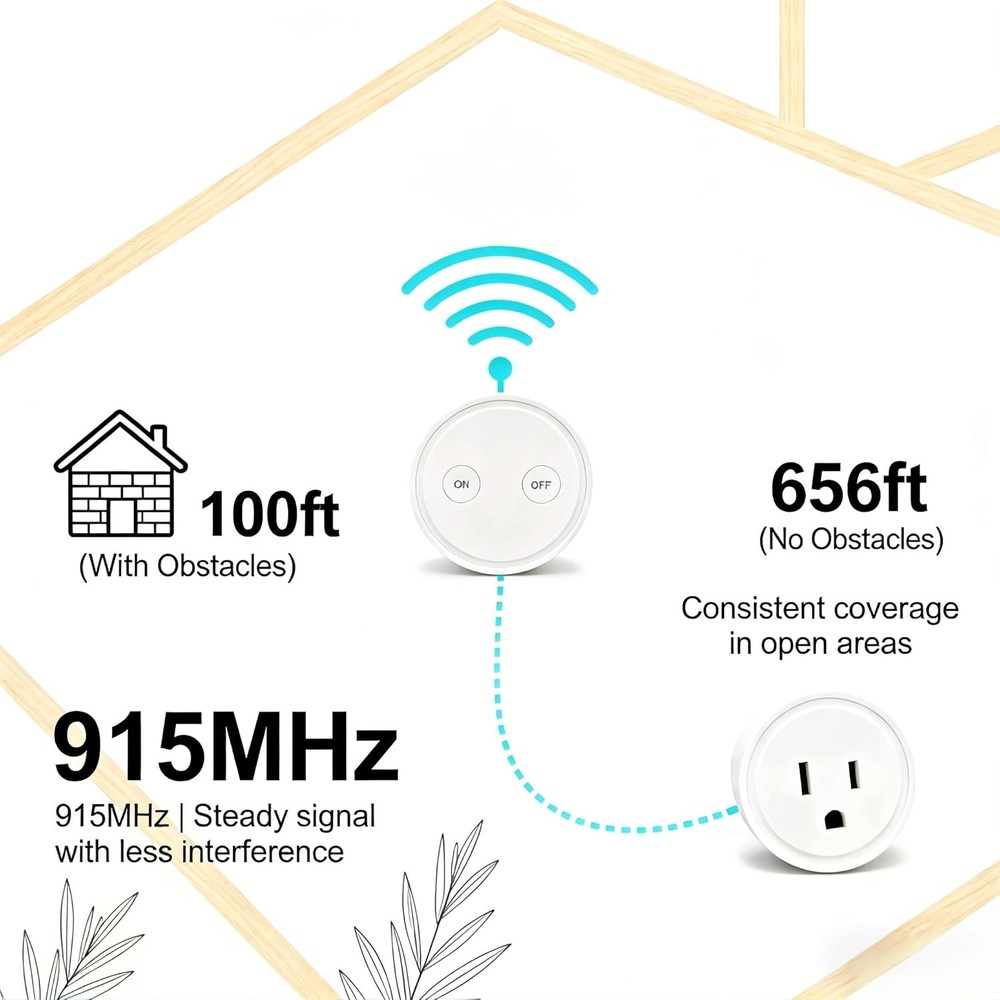 2 Pack Mini Remote Control Outlet Plug Adapter, 10A/1100W, White