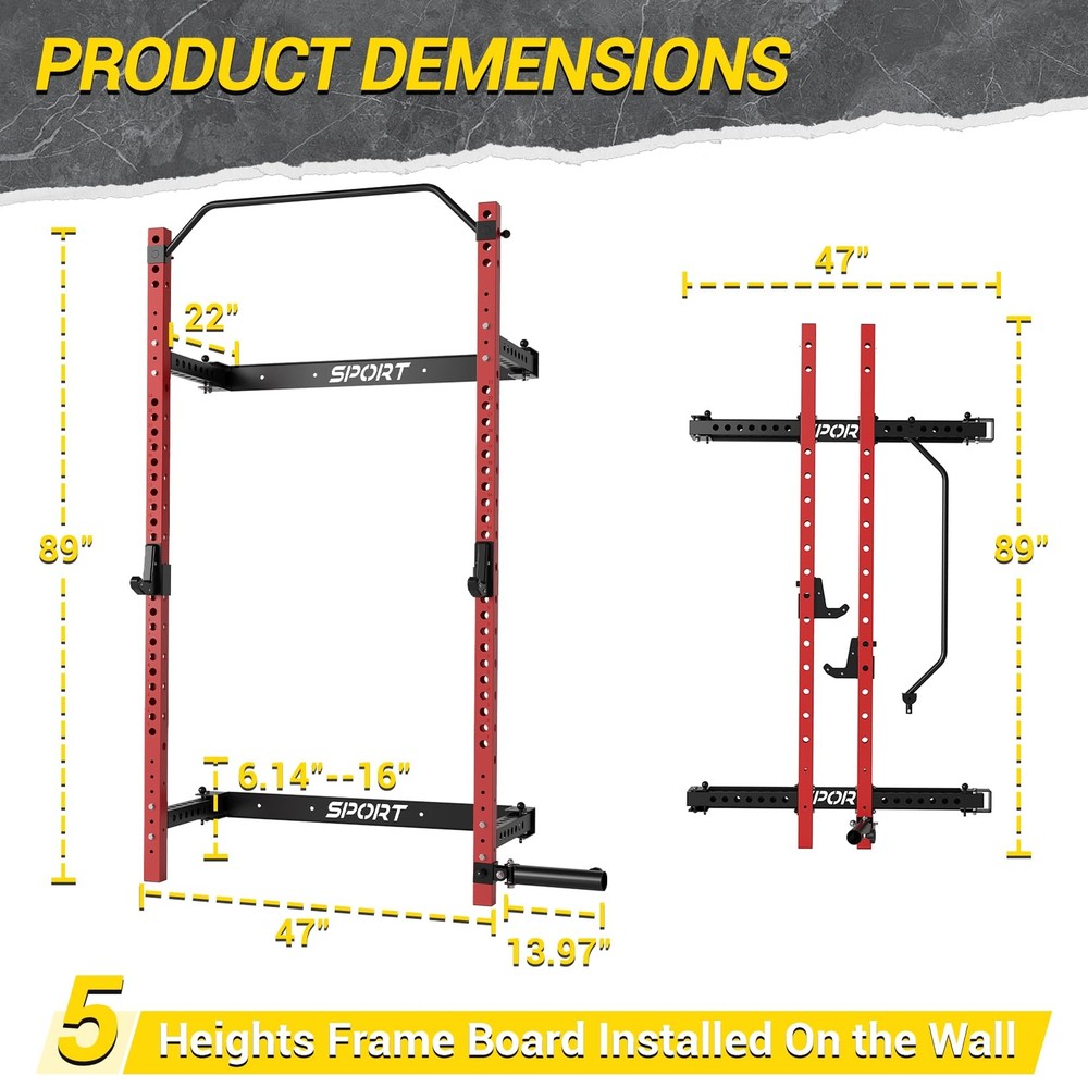 Power Cage Power Rack ,Folding Wall Mounted Squat Rack with Pull Up Bar ,J Hooks