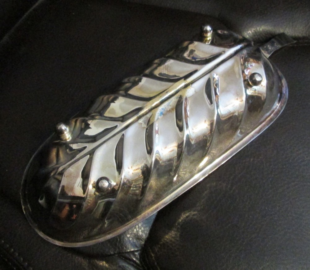 Vintage USA FOOTED Oval LEAF Shaped Silver Serving Dish Bowl Tray