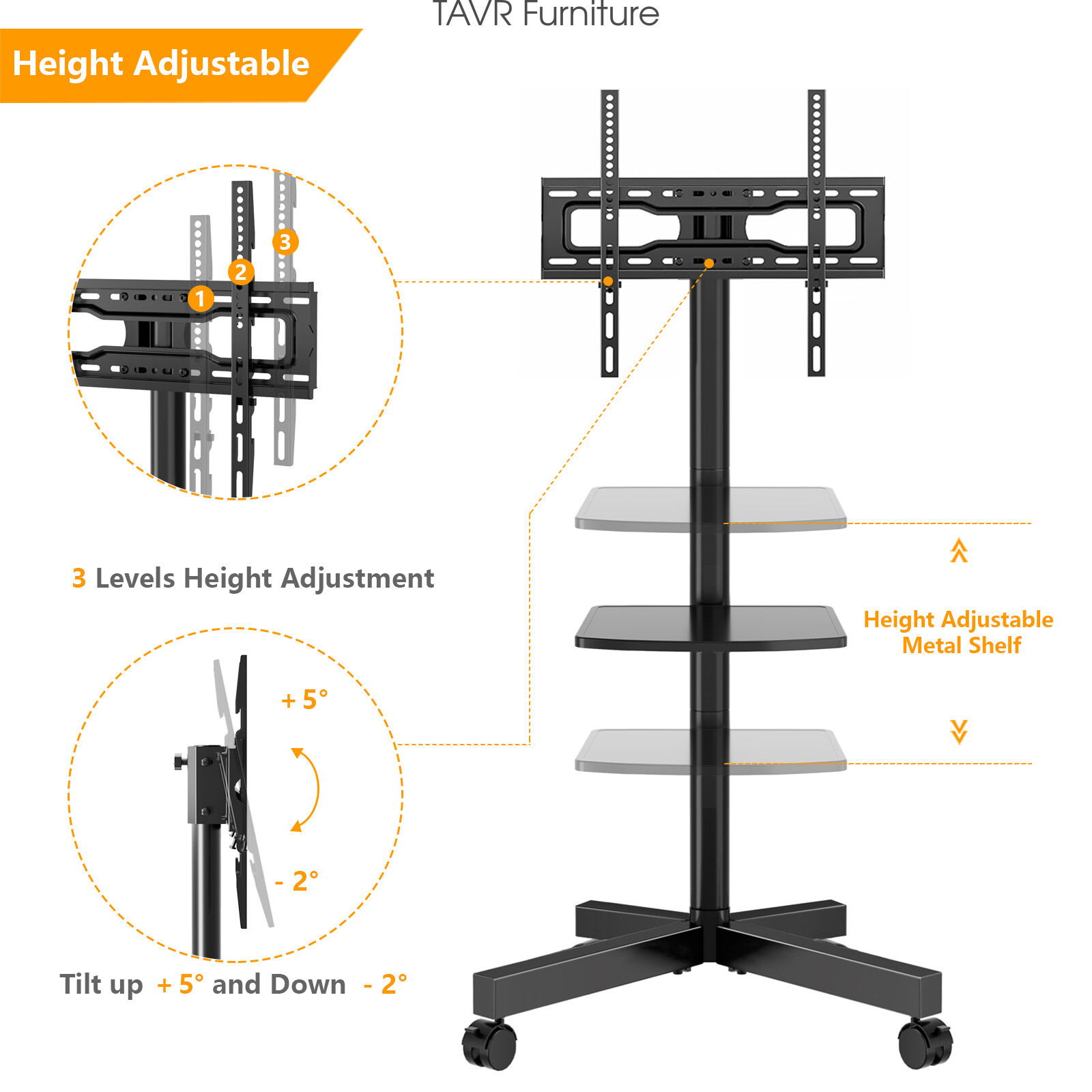 Mobile Rolling TV Stand TV Cart with Wheels for 32 to 60 inch Flat TVs, Shelf