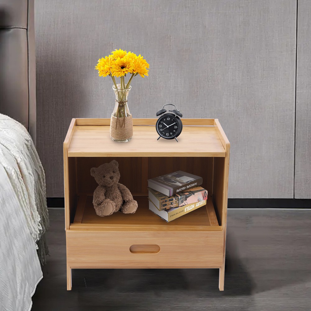 Bedside Nightstand End Table+Drawer— Bedroom Storage Organizer Side Table Bamboo