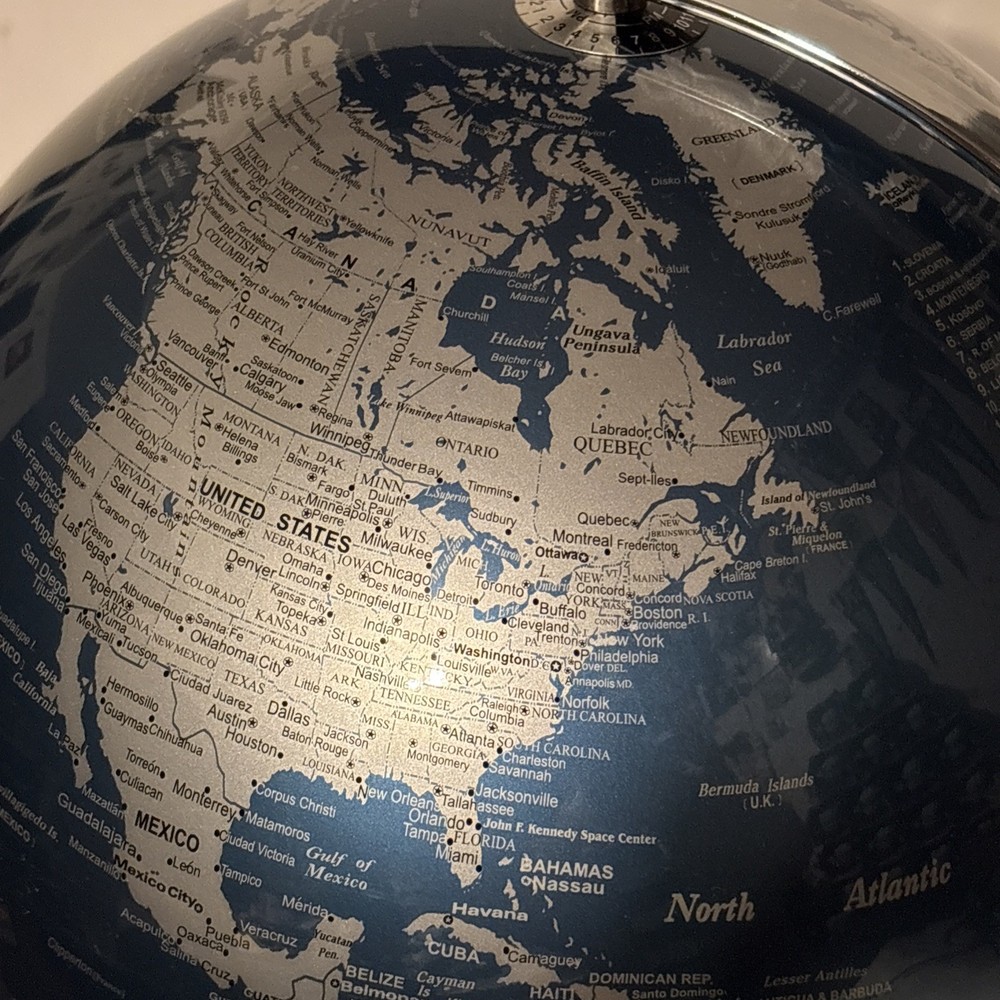 Illuminated Light Up World Globe Blue To White On Silver Stand