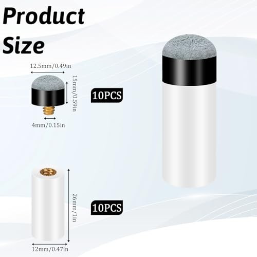 10 Sets Billiard Cues Tips Replacement, Screw On Pool Cue Tips with White