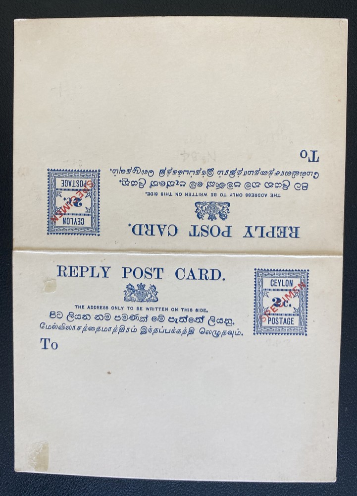 Mint Ceylon Postal Stationery Reply Card Specimen Overprints