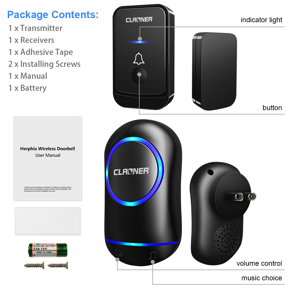 Waterproof Wireless Doorbell Adjustable Volume 1000FT Plugin Receiver 45 Chime
