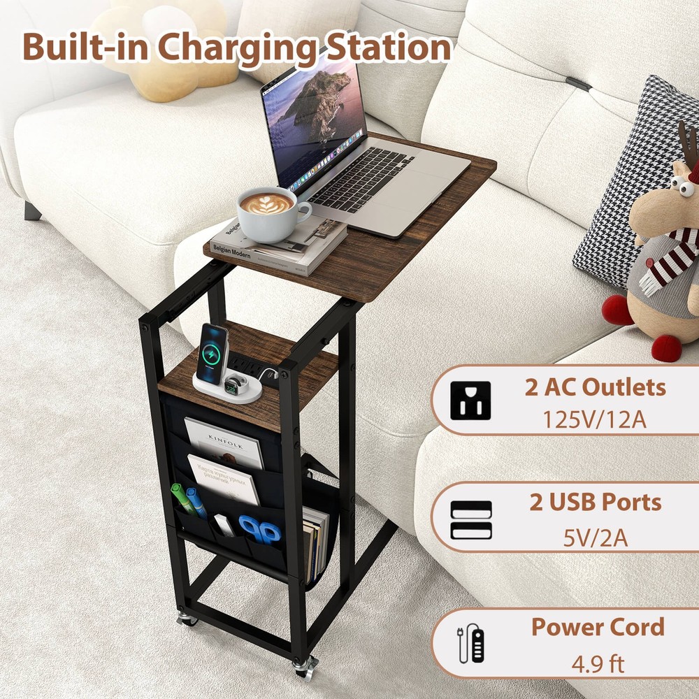 C-shaped End Table w/ Charging Station Rolling Bedside Table Couch Side Table