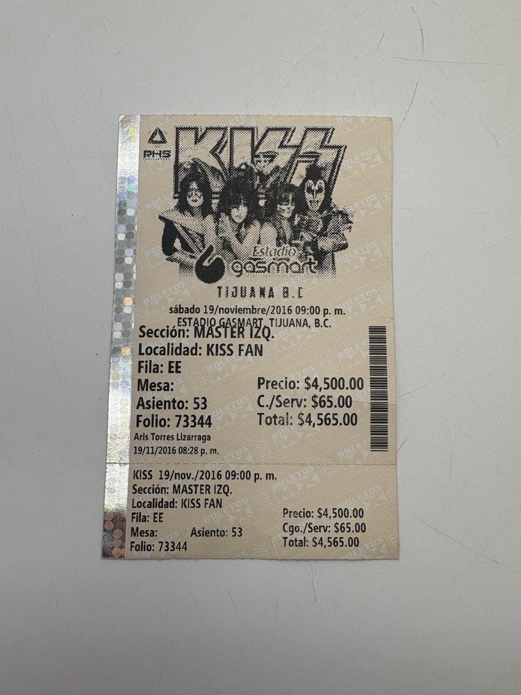 2016 Kiss Concert Ticket Stub Tijuana B.C.  November 19th