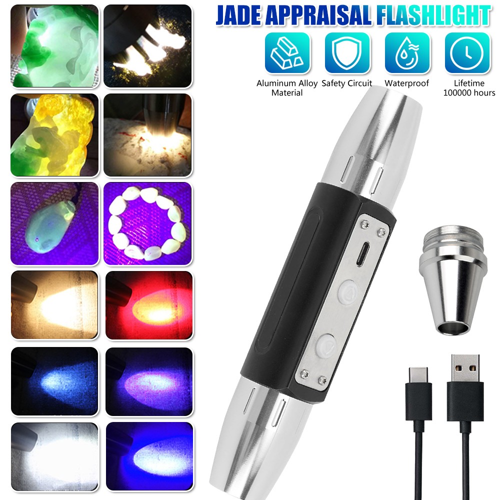 White/Yellow/BLUE/UV Light Work LED USB Flashlight Torch Gemologist Tool