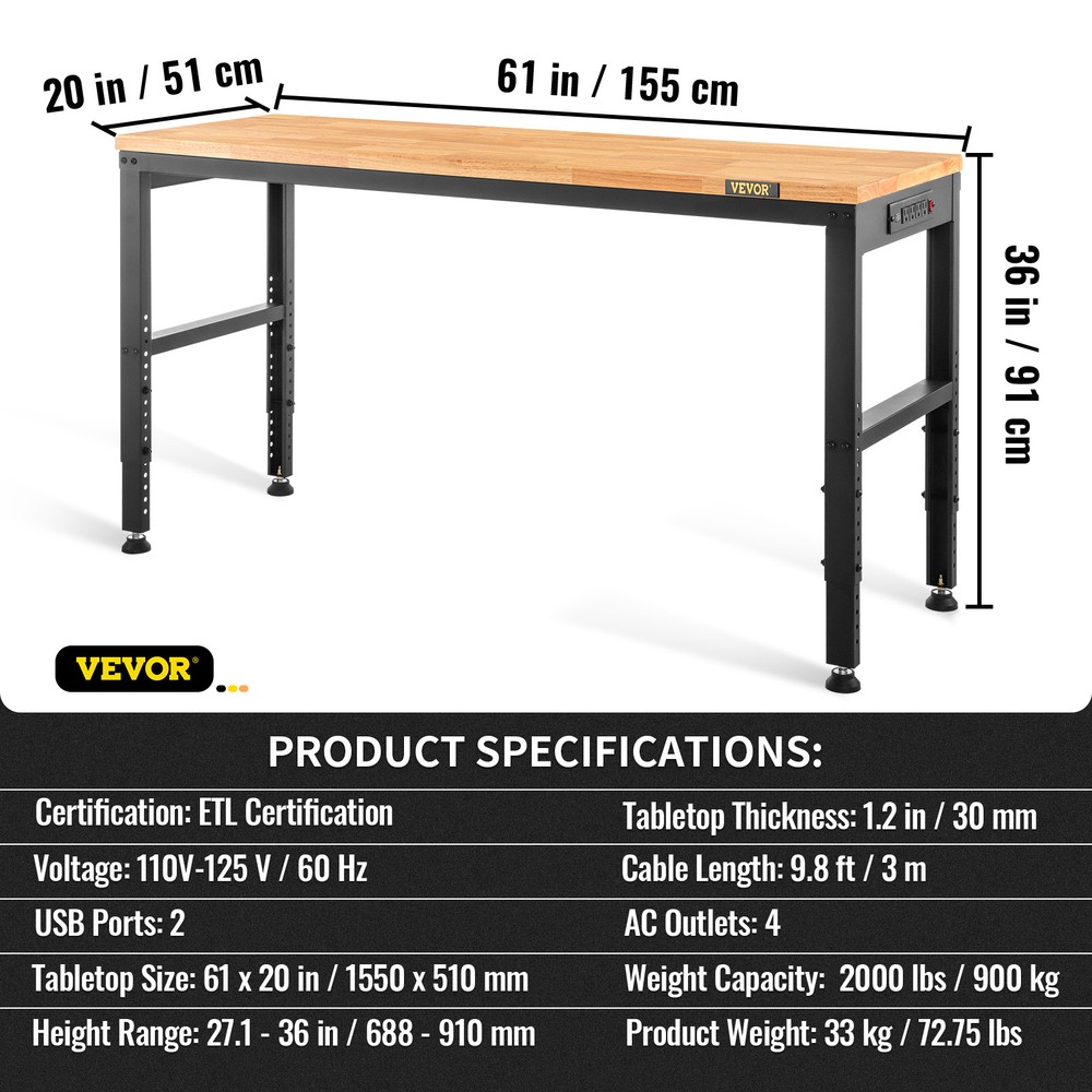 Adjustable Height Workbench 61"L x 20"W Work Bench Table w/ Power Outlets