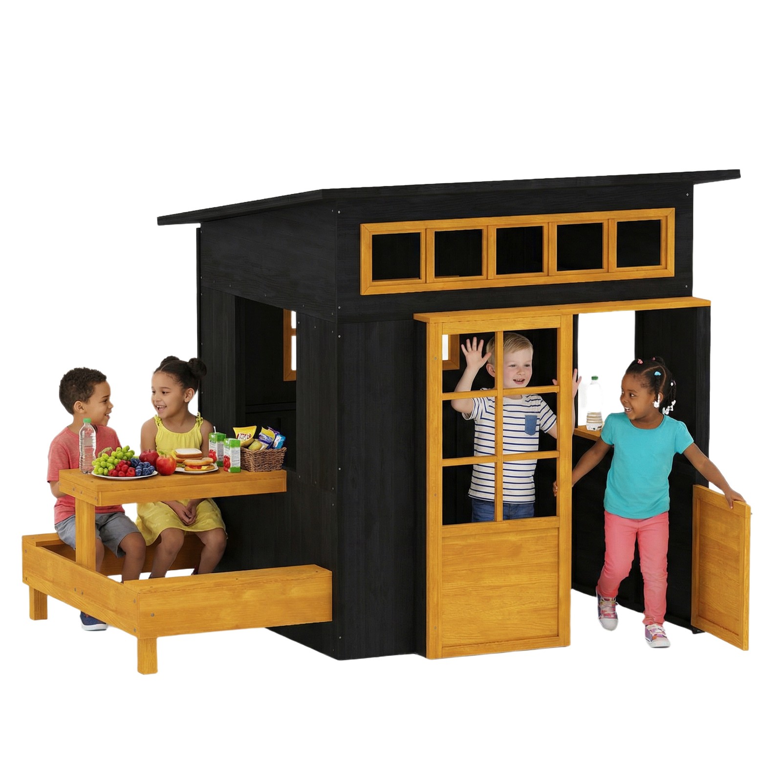 Qaba Kids Outdoor Playhouse, Wooden Kids Playhouse w/ Picnic Table