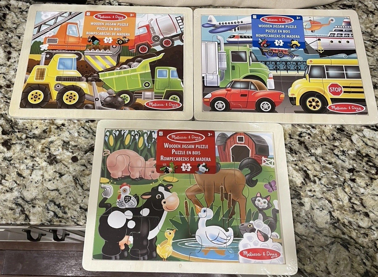 Lot of 3 MELISSA & DOUG Wooden Zigsaw Puzzles-Work Vehicles, Farm Animals, Cars