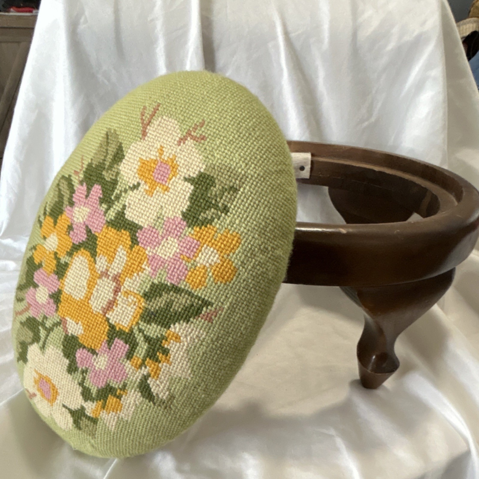 Antique Oval Wooden Footstool Floral Needlepoint Removable Top