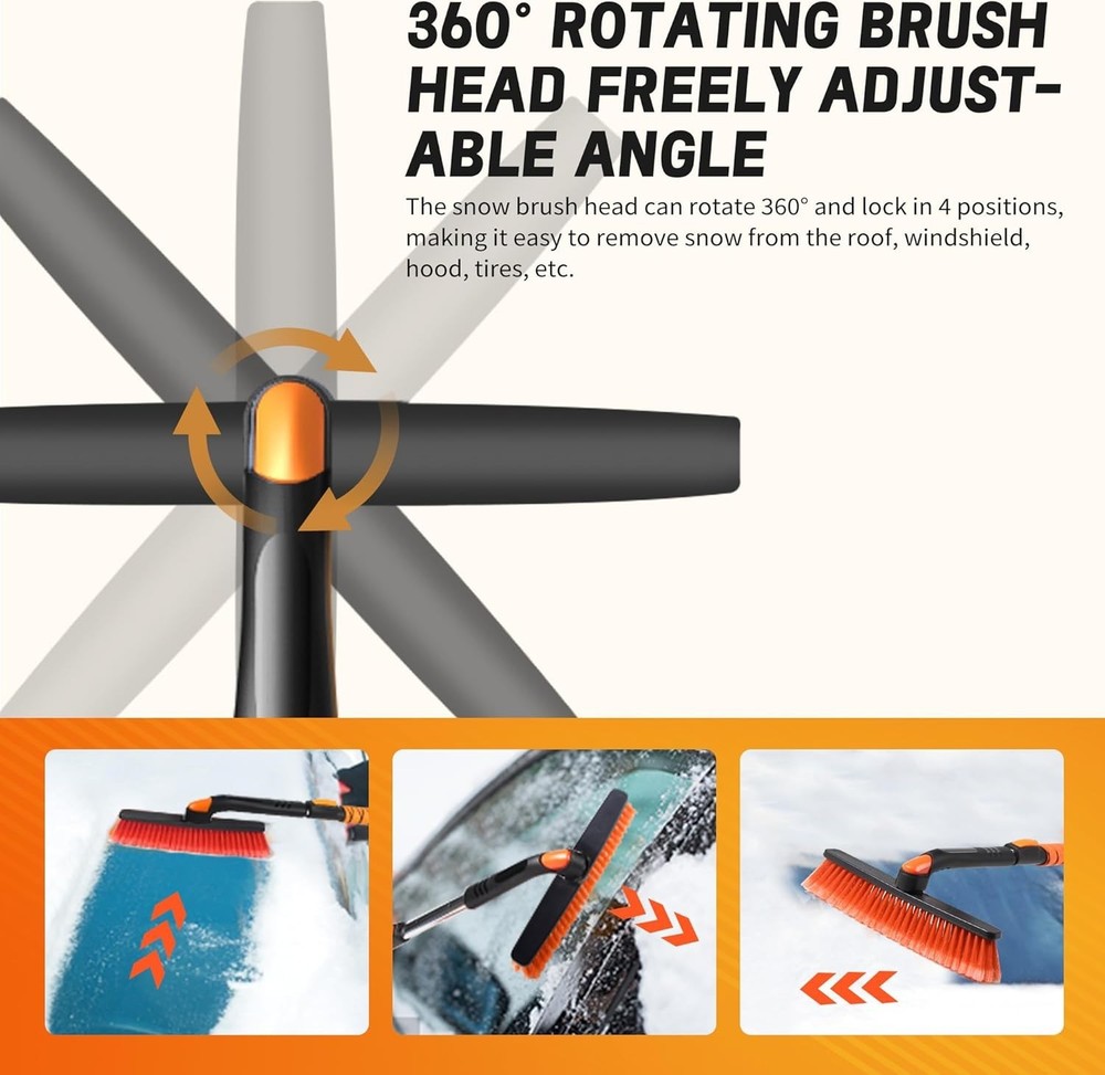 46" Large Ice Scraper, Extendable Snow Brush with 360° Pivoting Brush Head
