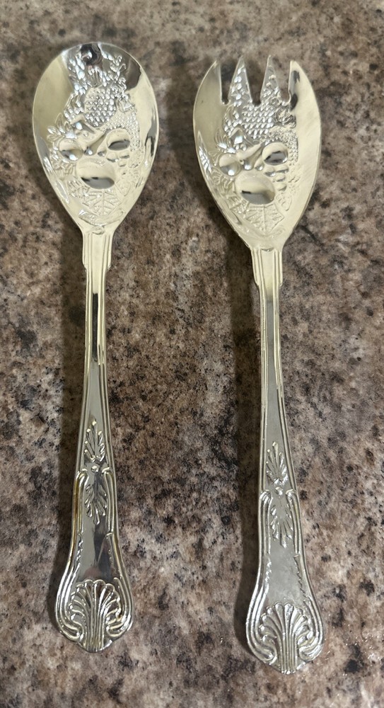 SILVER PLATED KINGS PATTERN PAIR OF SALAD SERVERS - SPOON & FORK Fruit Pattern