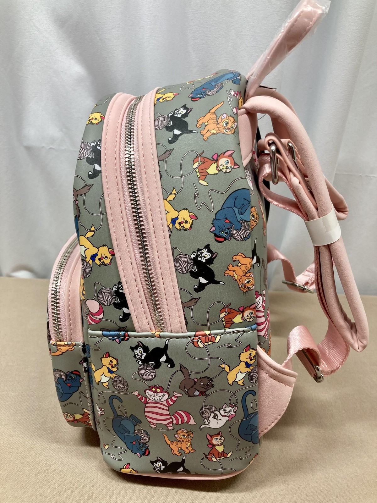 Disney Loungefly Cats Kittens Yarn Allover Print Mini Backpack Pink Gray NWT