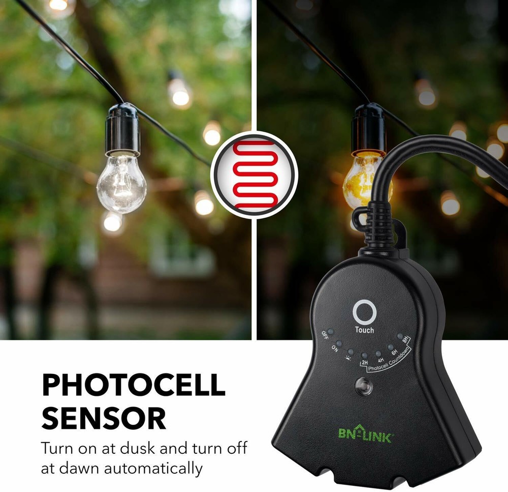 BN-LINK Outdoor Touch Sensor Countdown Timer Outlet With Photocell Light Sensor