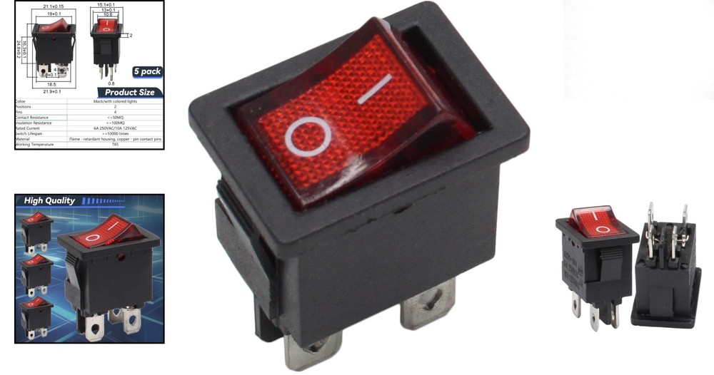 5 Pack Mini Rocker Switch - On-Off Power Toggle with Red LED Light for Projects