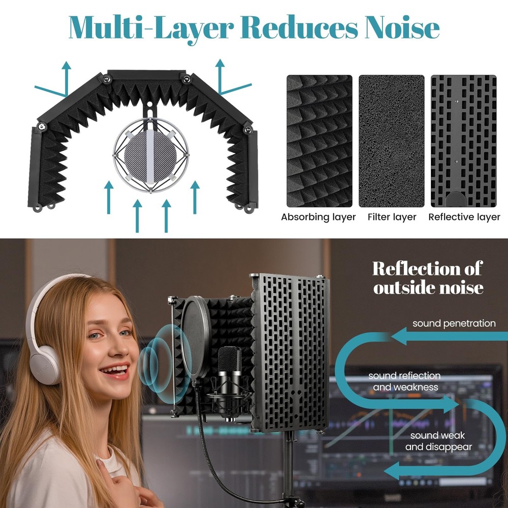 Microphone Stand with Isolation Shield and Pop Filter for Studio Recording