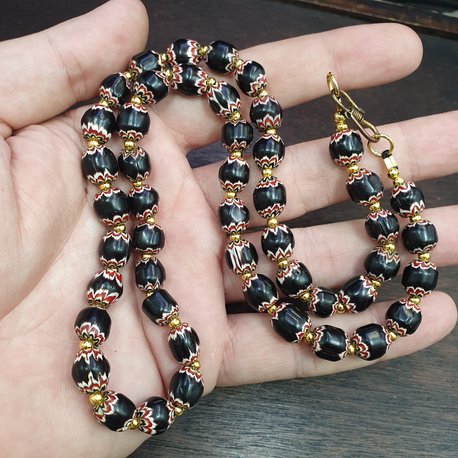 Vintage Venetian Style beads Old African black Glass Chevron Beads Long Strand