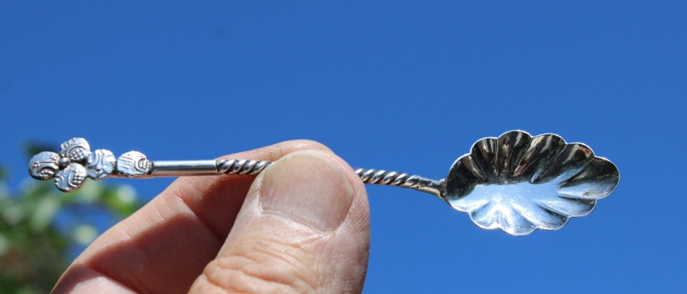 Antique Silver Berry Spoon w/Twisted Handle Shell Shape-#B1