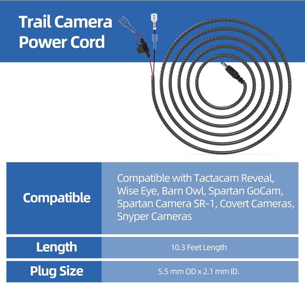 2 PCS Trail Camera Power Cable Chew Proof Include 2Amp Fuse,Trail Black