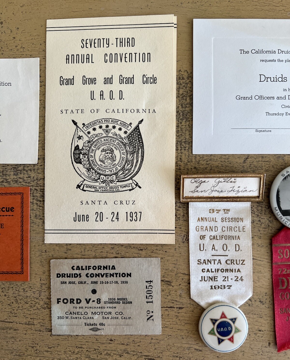 1936-1939 Druids California Ribbons Ephemera Lot