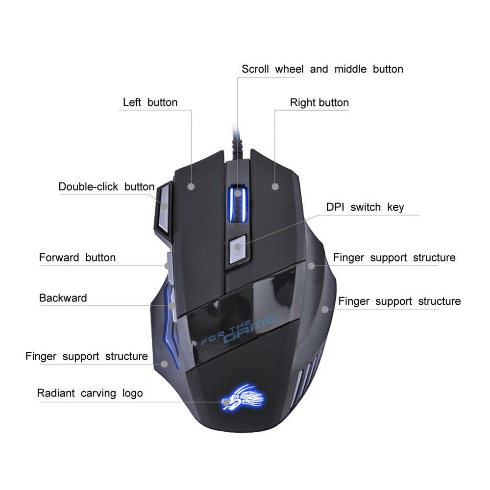 5500DPI LED Optical USB Wired Gaming Mouse 7 Buttons Gamer Computer Mice Black