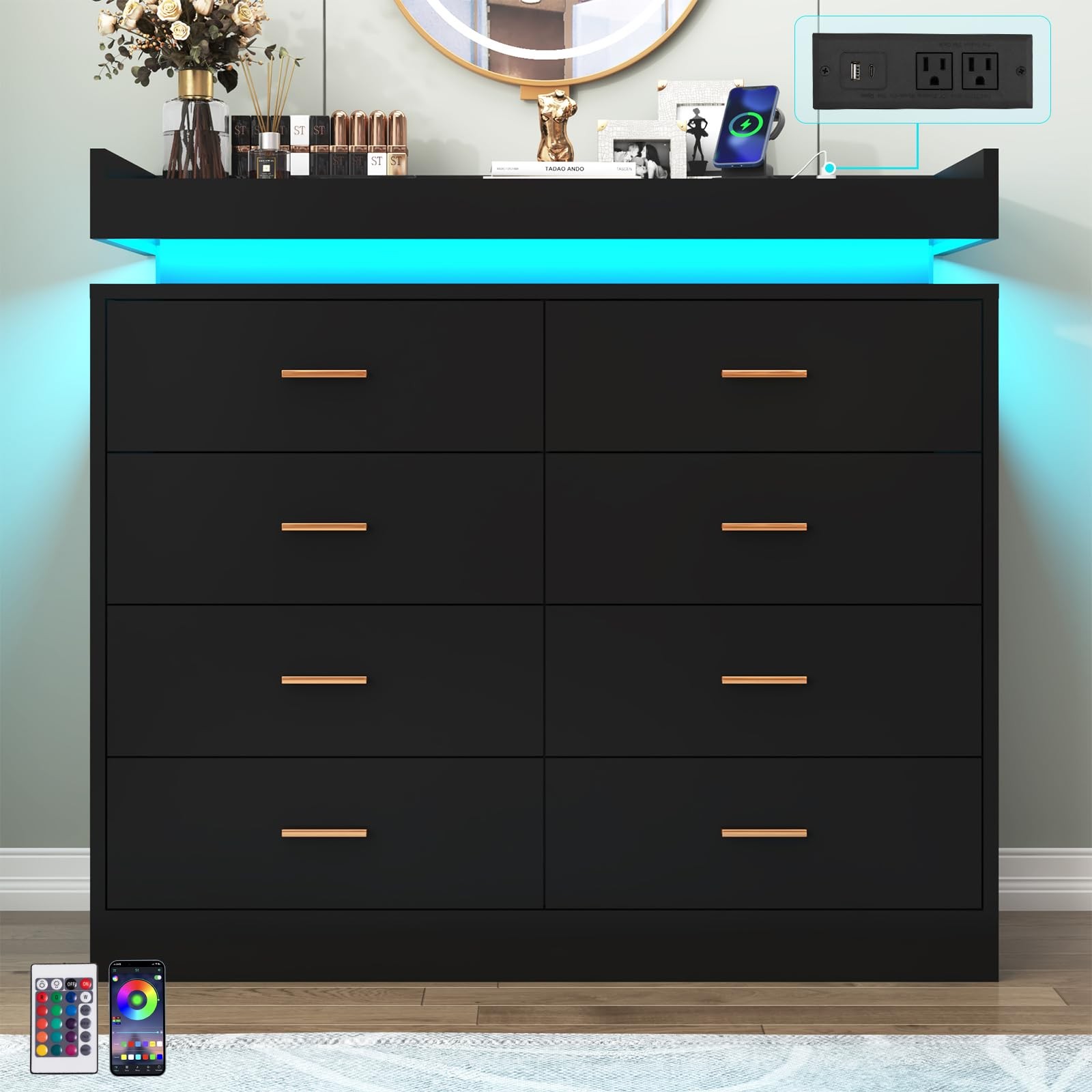 8 Drawer Dresser with LED Light and Charging Station, Modern Chest of Drawers