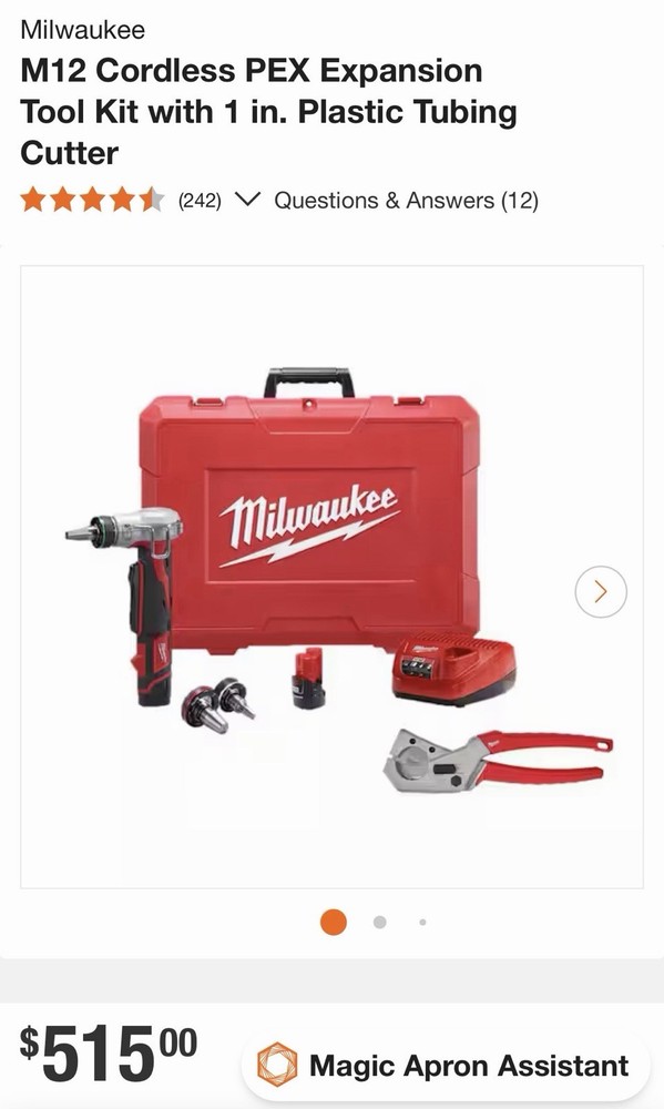 Milwaukee M12 PEX Expander Kit 2474-22 PEX Expander Tool Type Model 2474-22