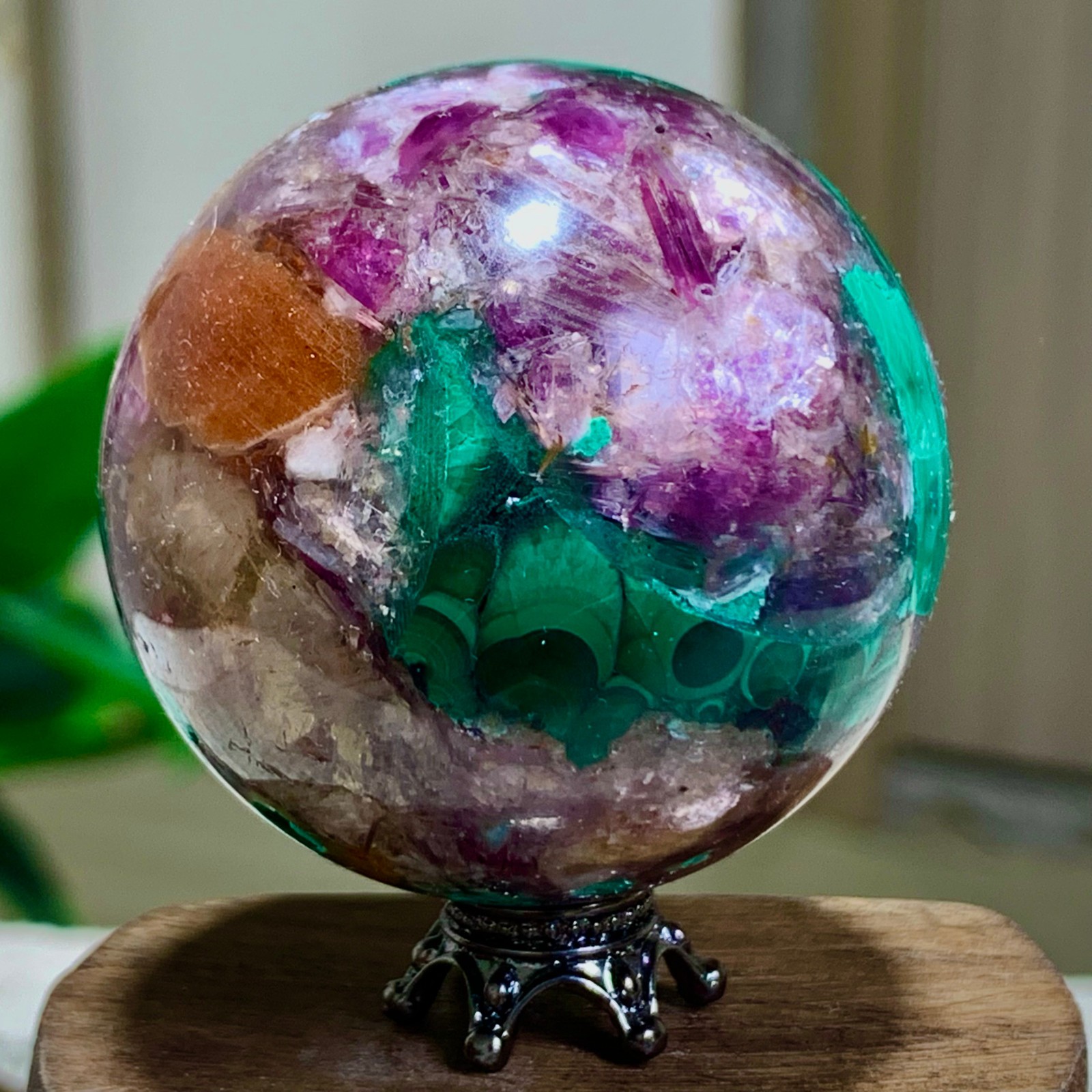 117G Newly discovered rare malachite purple mica symbiotic sphere restoration