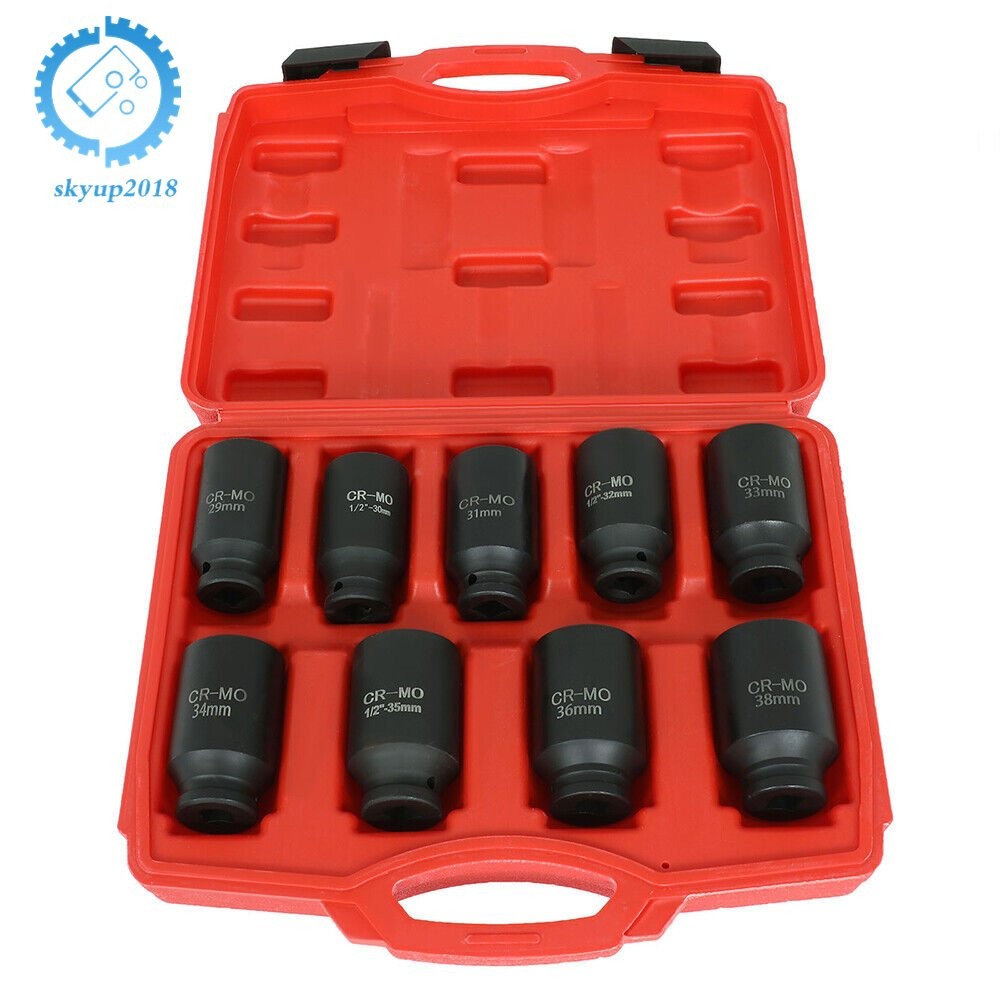 9pcs 29-38mm 1/2" Drive Metric Axle Hub Nut Socket Deep Impact Socket Tool Kit