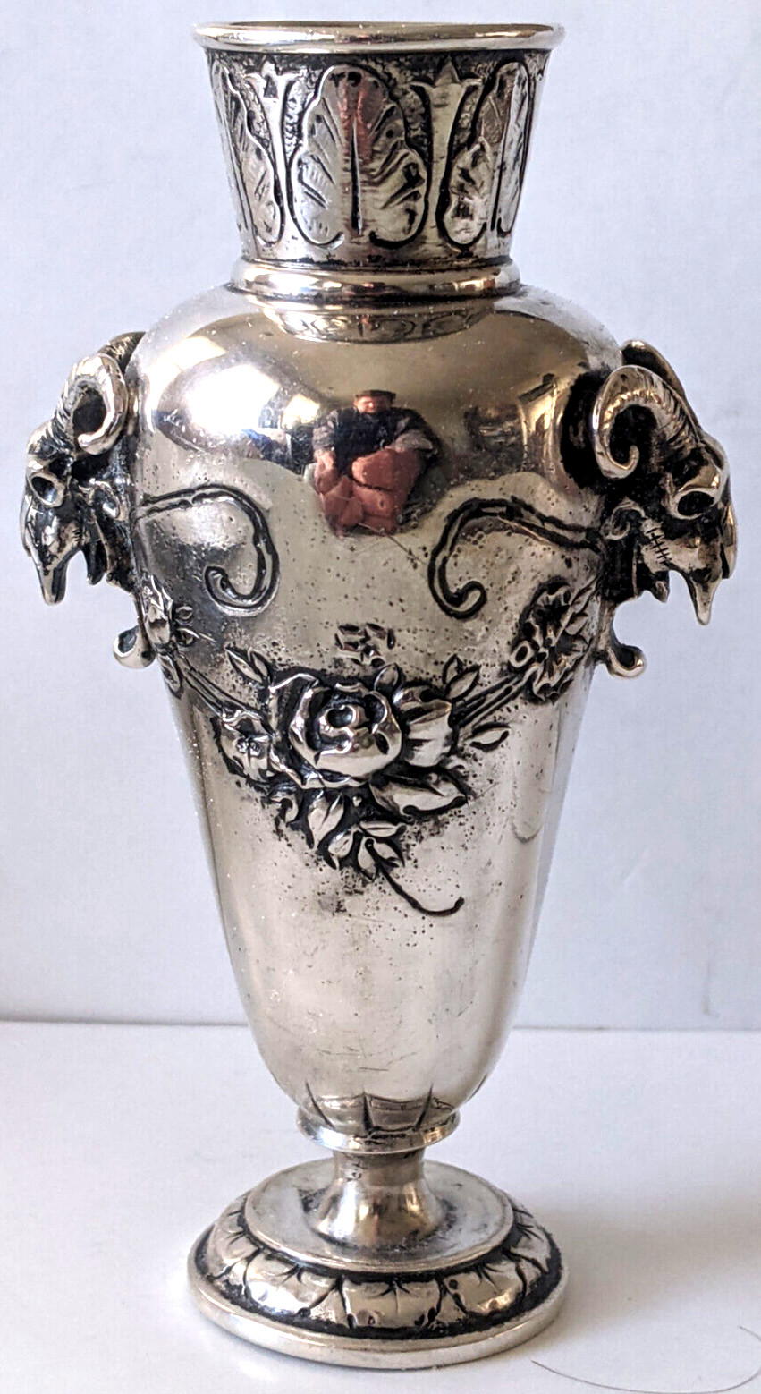 c.1900 Antique German Kaser & Walter 800 Silver Cabinet Vase. Applied Ram Skulls