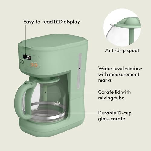 bella 12 Cup Programmable Coffee Marker, Reusable Dishwasher 12 cup, Seaglass