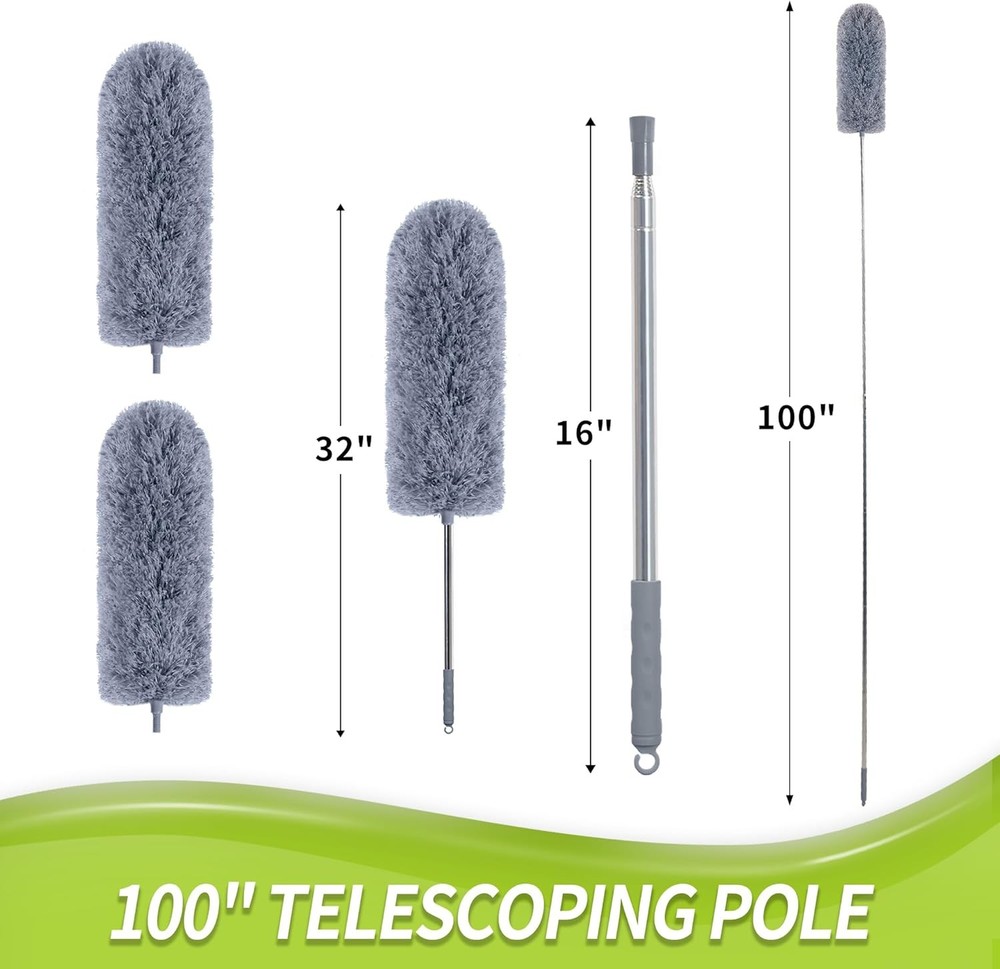 Duster W/ Extension Pole Cleaning 2 Microfiber Heads Kit 100" Long Feather