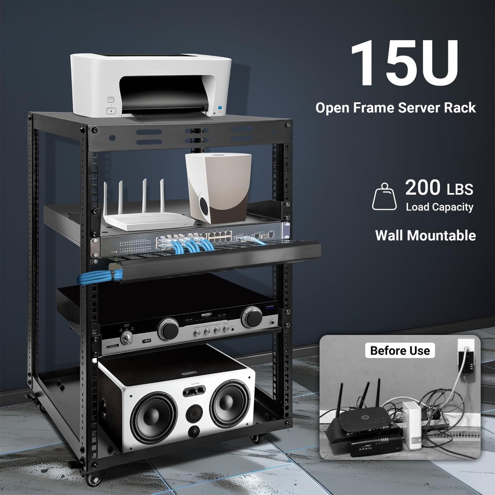 15U Open Frame Server Rack, Wall-mountable IT Rack w/Swivel Casters, 2 Rack S...