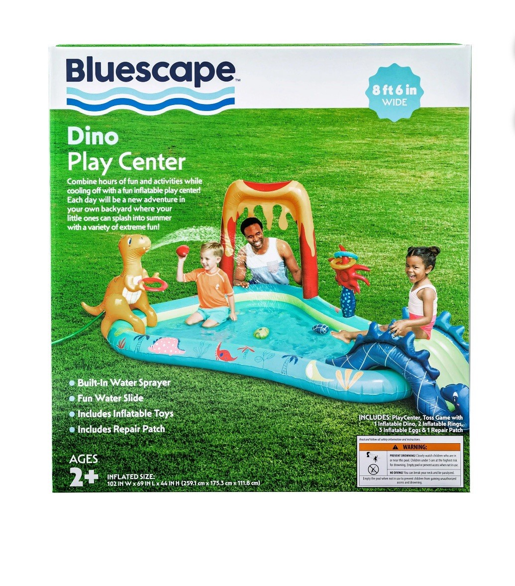 Bluescape Dino Inflatable Play Center, Kiddie Pool with Sprinkler, Toys & Slide