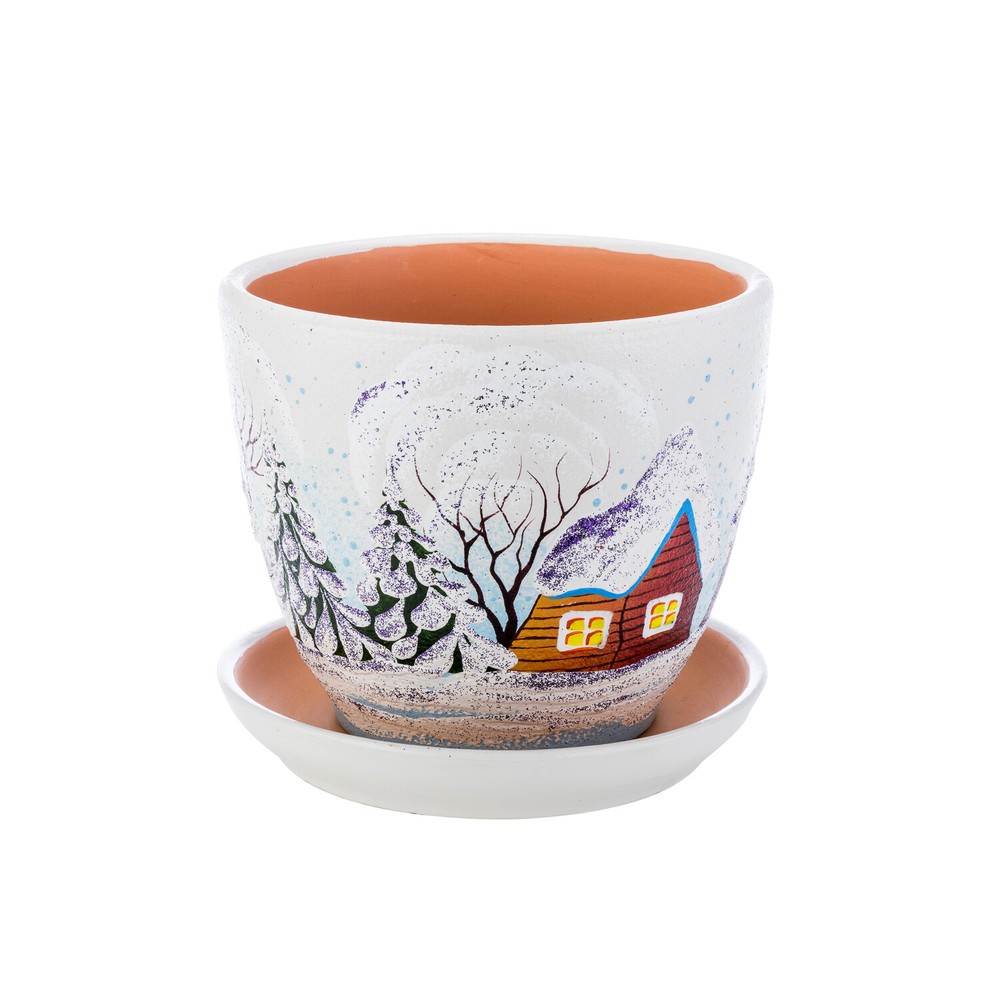 Winter Landscape 34-Ounce Ceramic Cachepot with Stand, Flower Cachepot
