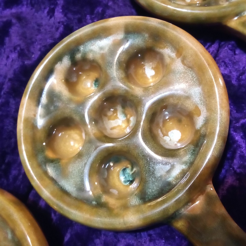 4 Brown Ceramic Mottled Drip Glaze Escargot Baking Serving Dishes Nice!