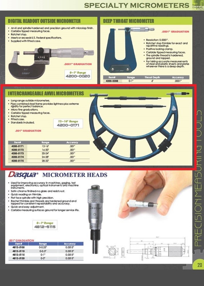 12-16 INTERCHANGEABLE ANVIL OUTSIDE MICROMETER (4200-0171)