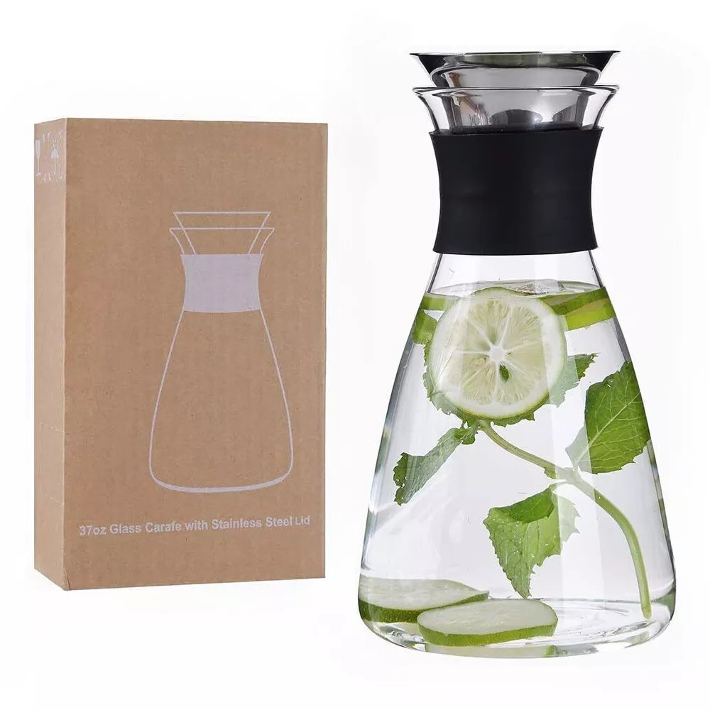 2Pcs 37oz/1100ml Glass Carafe with Stainless Steel Silicone Filter Lid for Tea