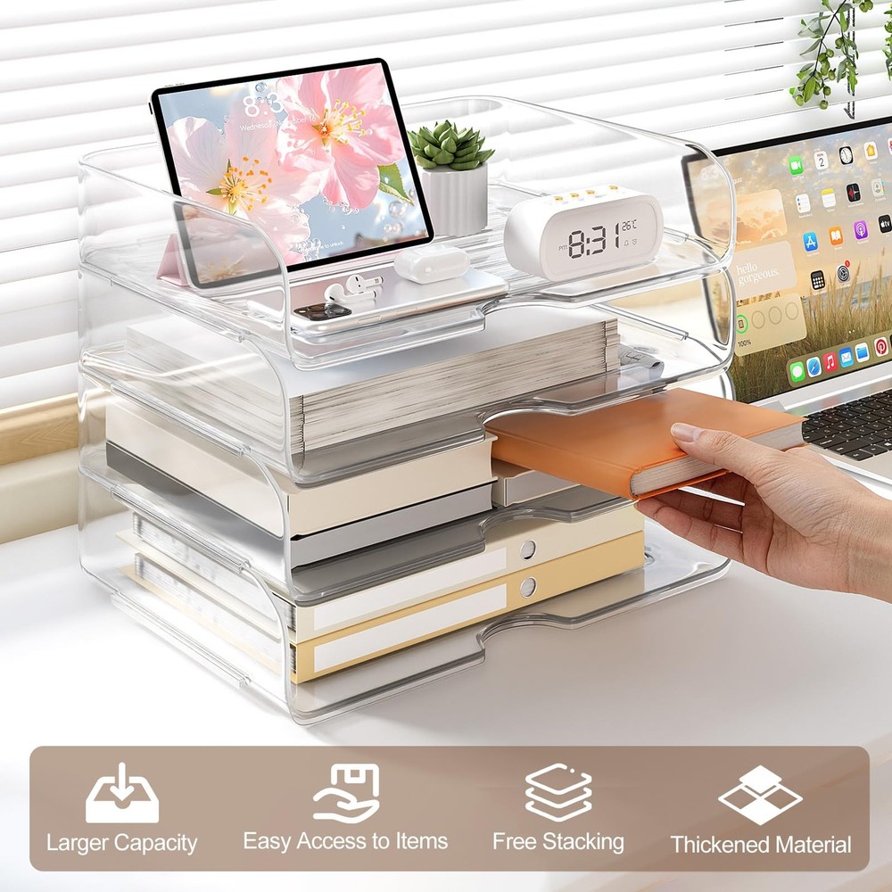 4-Tier Large-Capacity Organizer, Clear Stackable Desk Organizer & Acrylic Tra...