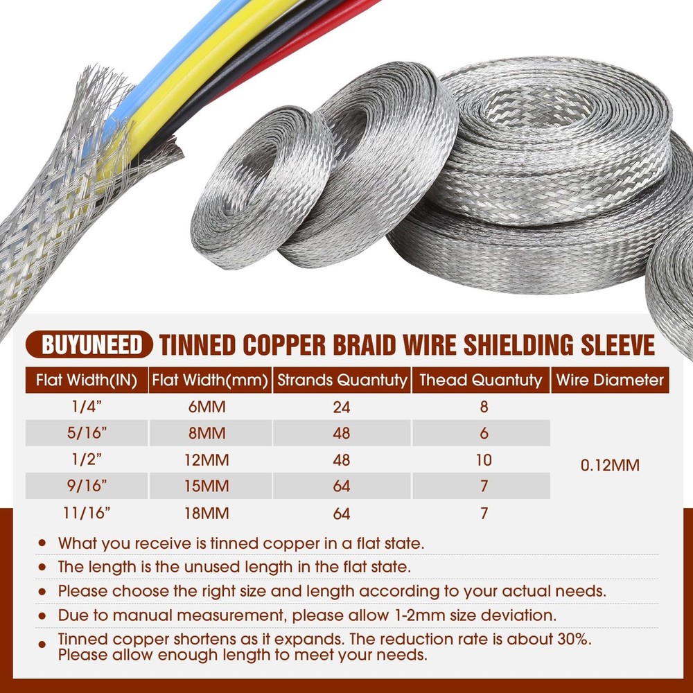 Wire Shielding Sleeve Tinned Copper Braid Ground Straps Cable Sheat... Fast Ship