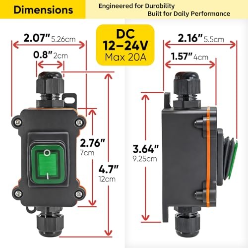 Waterproof Inline Rocker Switch Box DC 12V–24V 20A Lighted Two-Side Green