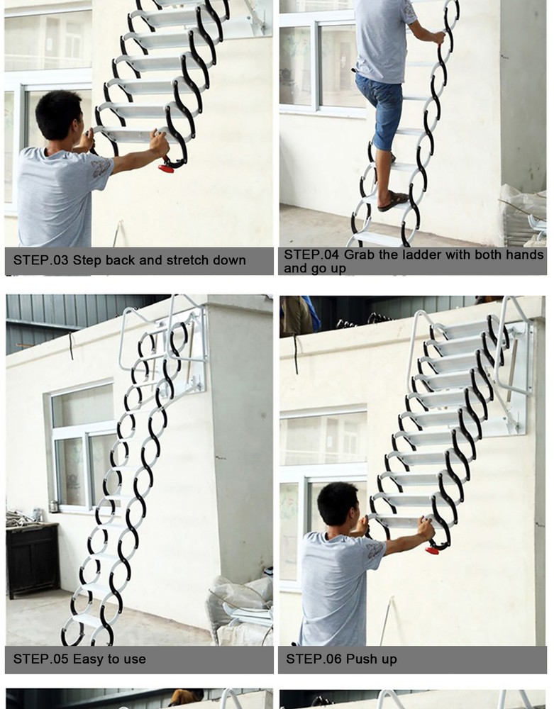 12 Steps Folding Frame Ladder Loft Telescopic Stair Pull Down Attic Ladder