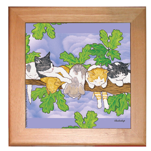 Cat Kitchen Ceramic Trivet Framed in Pine 8" x 8"