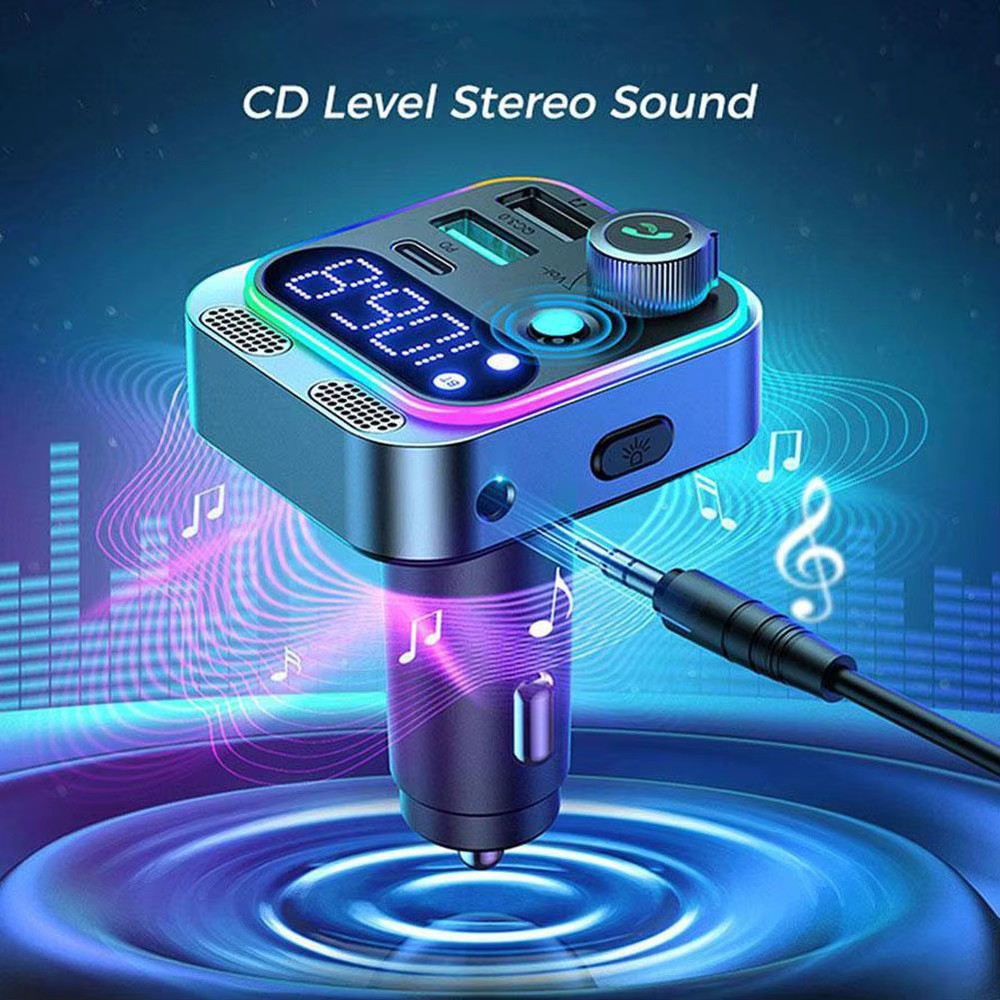 Bluetooth 5.3 FM Transmitter for Car Stronger Dual Mics Deep Bass Sound 48W PD&