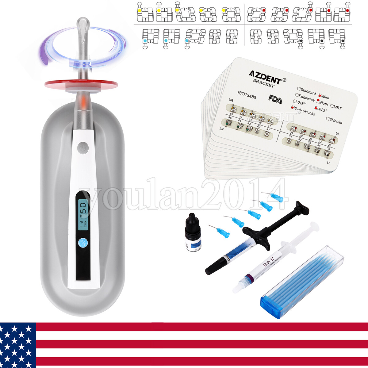 200Pc Dental Orthodontic Brackets Braces Mini Roth.022/Light Cure Adhesive Kit