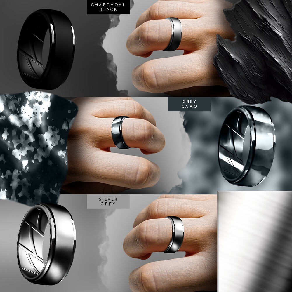 4-Pack Men’s Silicone Wedding Rings – Camo, Black, Silver, Grey – Safe for Work